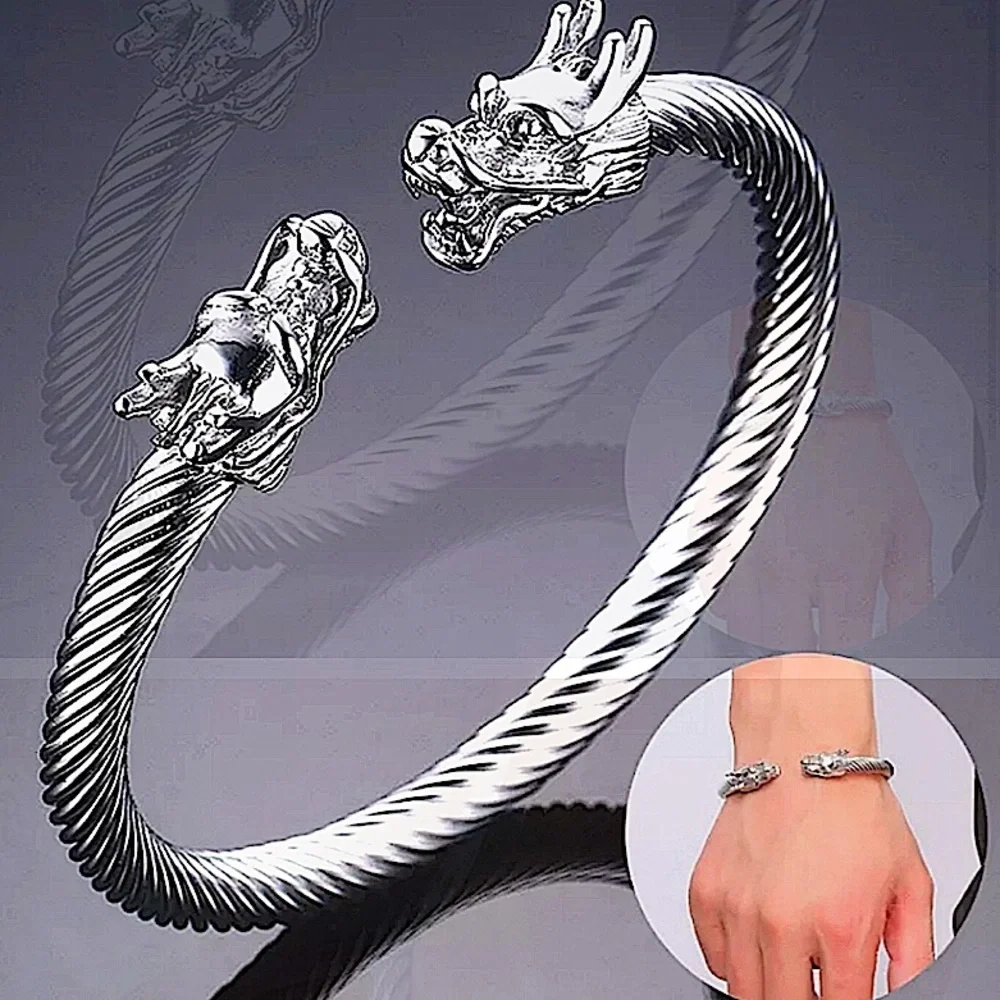 Silver Double Headed Dragon Twisted Bangle Cuff Unisex Bangle Bracelet